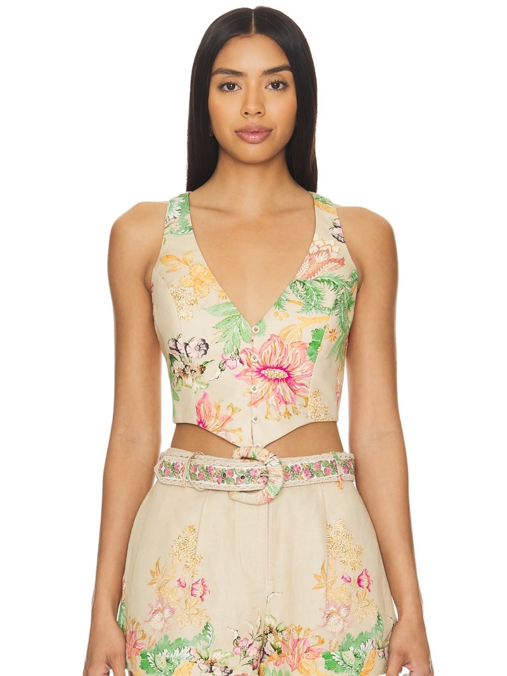 HEMANT & NANDITA x Revolve Beige Floral V-Neck Crop